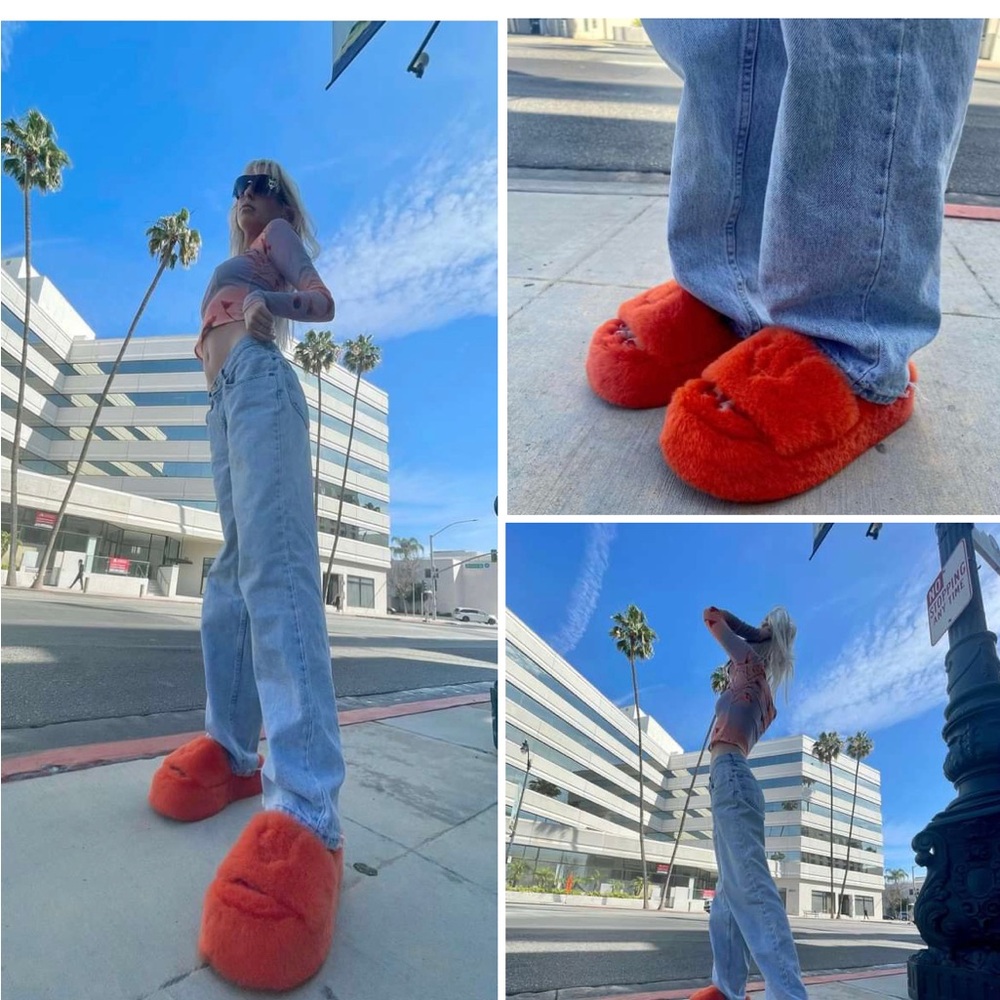 NAKED WOLFE Pink Ivie Platform Fur Slip-ons/ Slides